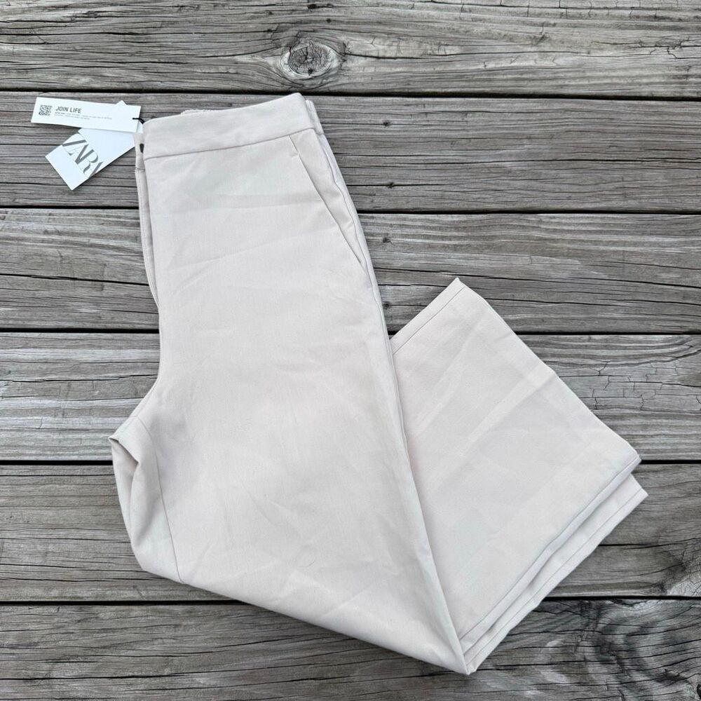 ZARA NWT Cream High Rise Cropped Wide Leg Trousers Size Medium